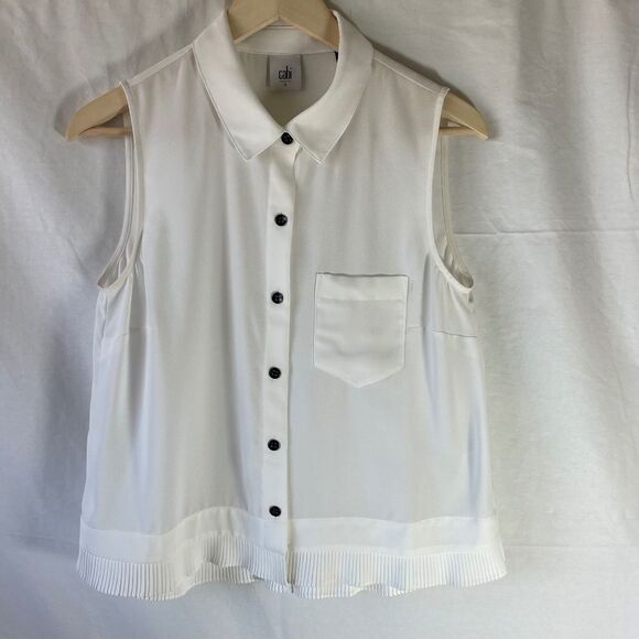 CAbi White Sleeveless Pleat Hem Button Down Blouse Style 3439 Sz S - Picture 2 of 9